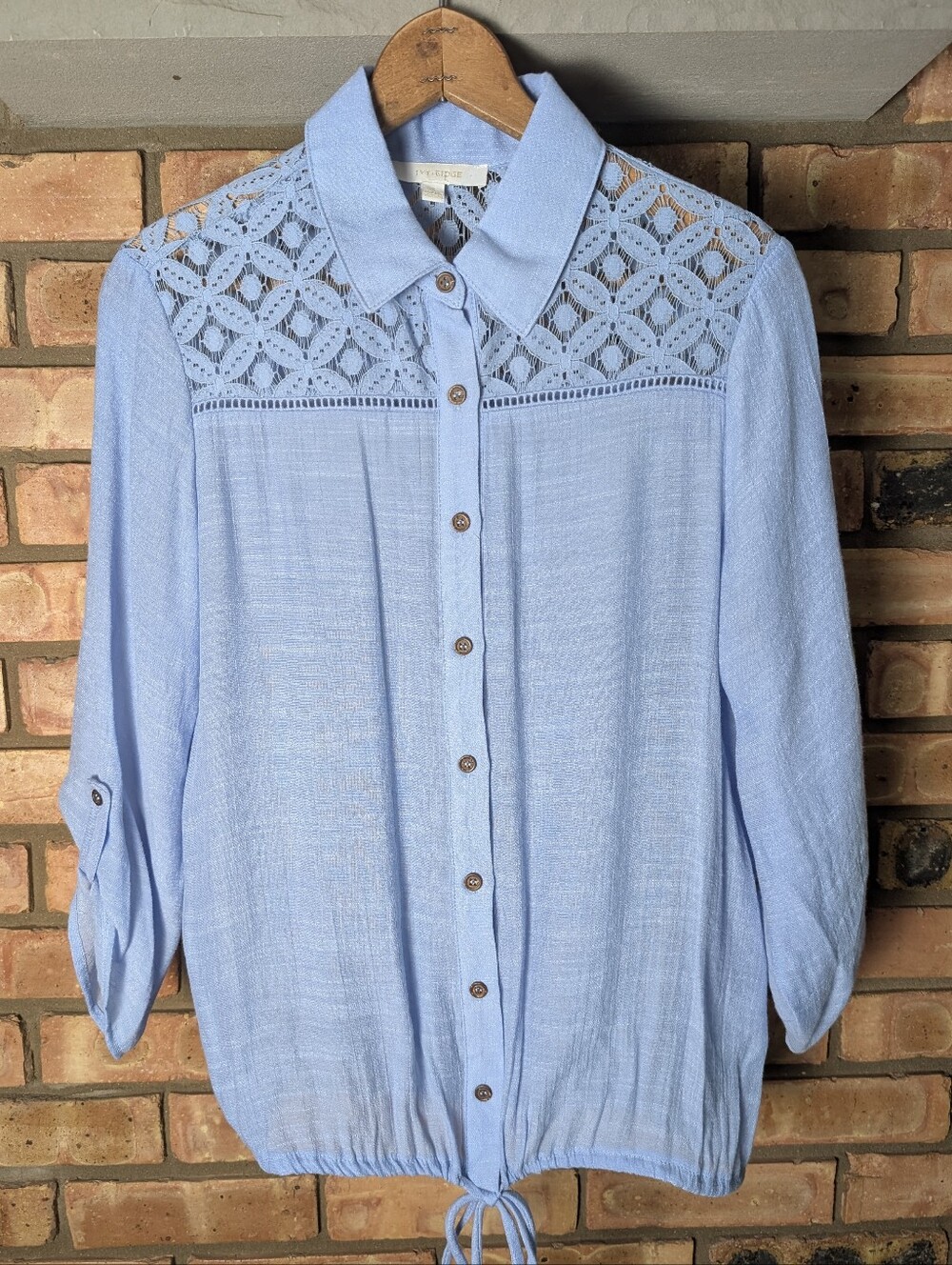 Ivy Ridge Light Blue Lace Button-Front Blouse